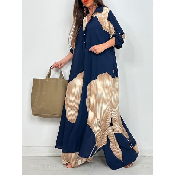 Passion of Essence Pants - Luxury Blue Colorblock Satin Lounge Oversized Button-Down Shirt & Wide-Leg Pants